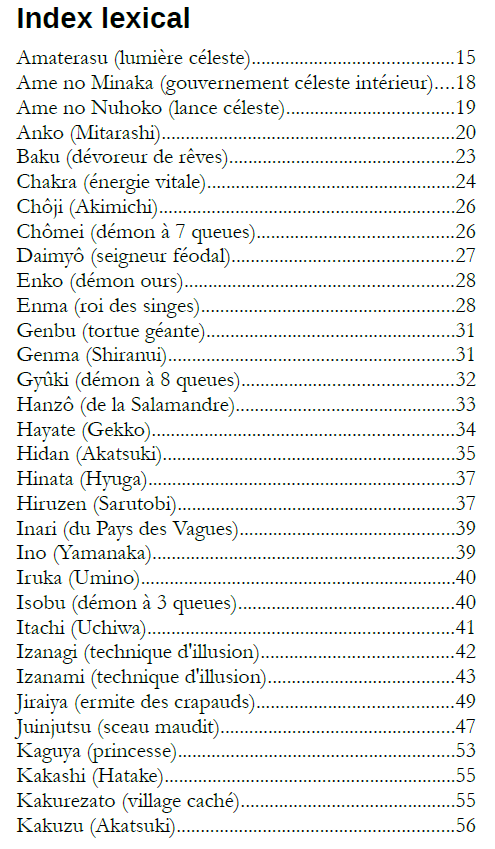 Extrait Index lexical manga Naruto