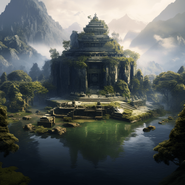 Un temple sur une île au milieu d'un lac dans les montagnes