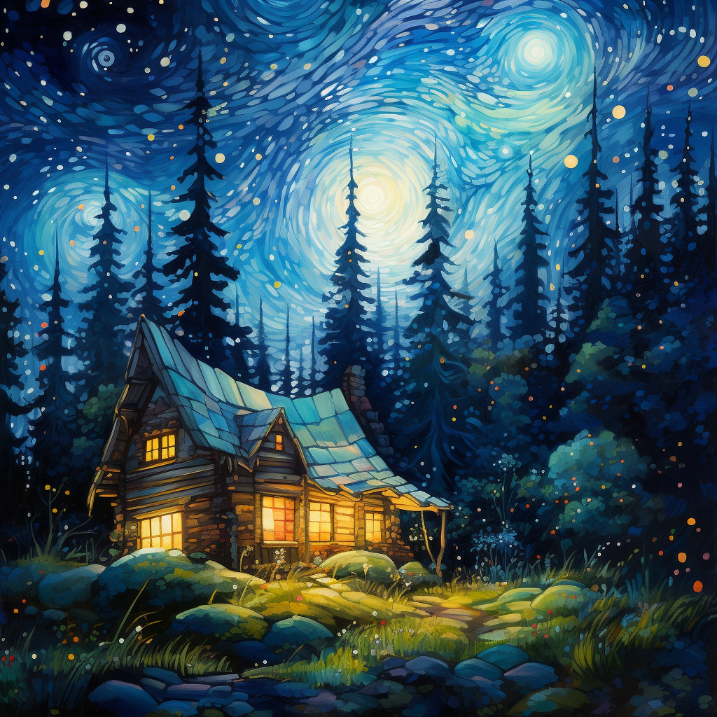 Une chaumière dans la forêt par une nuit étoilée
