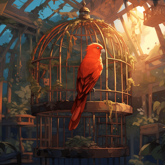 Un oiseau rouge et une cage vide