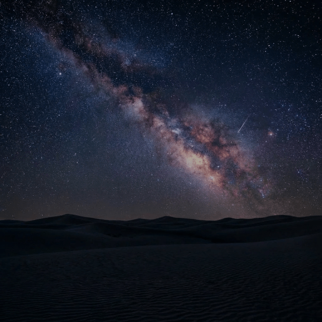 A person and dog sit by a campfire under a starry Milky Way in the desert.