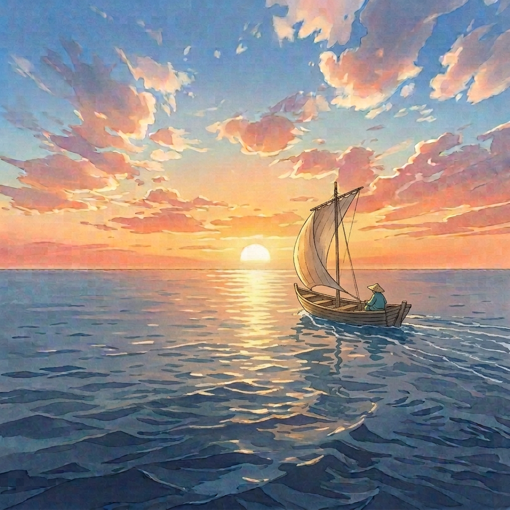 Sailboat sailing across the sea toward a golden sunset
